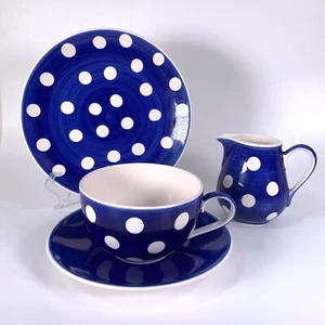 Whittard of Chelsea Florence Blue 20cm Cup Saucer Side Plate Jug Spots Polka Dot - Picture 1 of 29