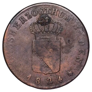 Allemagne 1 kreuzer 1824 Ludwig I (Bade) Cuivre pièce de monnaie allemande - Imagen 1 de 2