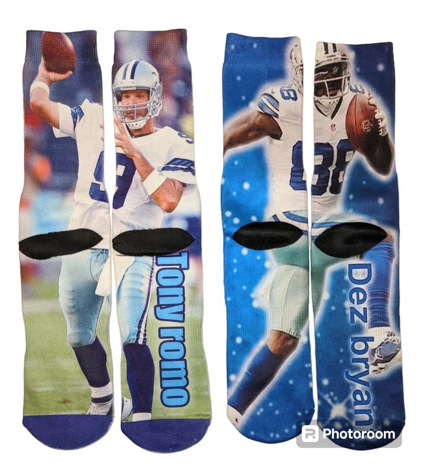 Calcetines Largos DALLAS COWBOYS Raros TONY ROMO DEZ BRYANT Imágenes Gráficas OSFM Nuevos Foto 1 de 4