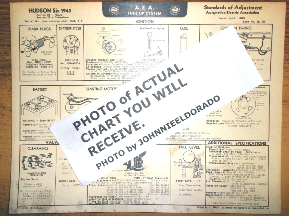 1942 Hudson SIX Series 21 Super & 22 Commodore Models AEA Tune Up Chart   - Image 1 of 1