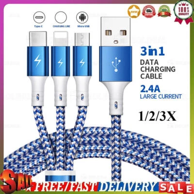 Multi-USB Kabel Universal Ladekabel 3in1 Nylon Mehrfach Handy Adapter Lang Kabel - Bild 1 von 4