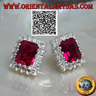 Orecchini Argento 925‰ rubino di sintesi rettangolare contornato da zirconi bian - Immagine 1 di 4