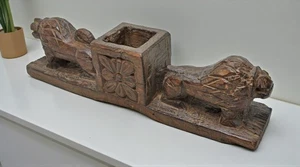 Antique Wooden 2 Lions Decoratibe Bowl Original Old Hand Carved - Picture 1 of 7