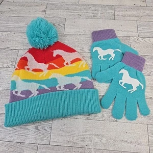 Bioworld Beanie and Gloves Rainbow Unicorn Knit Pom Pom Hat Youth Kids One Size - Picture 1 of 5