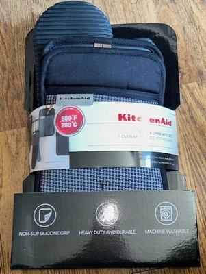 Kitchen Aid Black 4 Pc Silicone Kitchen Set 2 Oven Mitts & 2 Pot Holders NEW - Image 1 of 3
