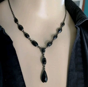 Trifari Gun Metal Black with Black Faceted Victorian Style Y-Drop Necklace - Picture 1 of 10