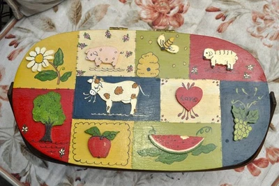 Vintage Basket Weave Painted Purse Farm Animals Fruit Lined Handmade 70s Handle  - Image 1 of 4