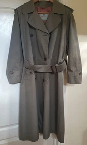 Vintage Aquascutum Coat Women Aqua 5 Taupe -Khaki Lined Belted Trench - Large L - Picture 1 of 22