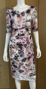 Anthea Crawford Dress 12 Pink Grey Floral Stretch Polyester Knee Short Sleeve - Picture 1 of 14