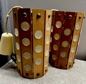 Vintage Pair Of Space Age Pendant Lamps Mid-Century Wooden Lamps - Picture 1 of 11