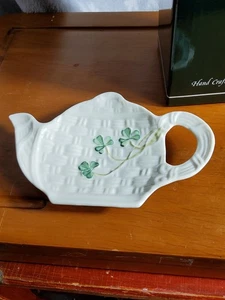 Belleek Shamrock Spoon Holder Teapot Shape Fine Parian China Ireland w/ Box 15th - Picture 1 of 9