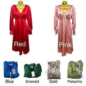 NUEVO TAHLIRA Vestido Rosa Rojo Satinado Para Mujer Fiesta Cóctel Cintura Elástica Azul Verde - Imagen 1 de 25
