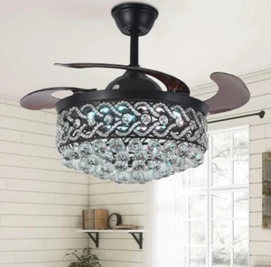 42" Crystal Invisible Ceiling Fan Light Remote Black Chandelier 3-Color 3-Speed - Picture 1 of 17