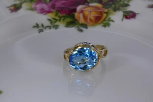 14k Yellow Gold  Blue Topaz Diamond Accent December Birthstone  engagement Ring - Picture 1 of 4