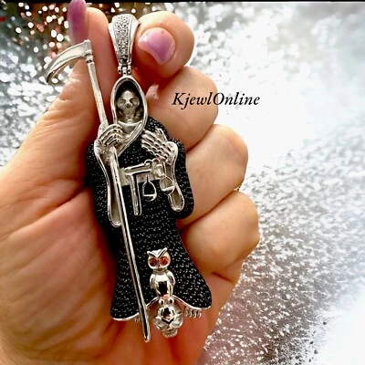 Кулон из стерлингового серебра 925 пробы с черепом жнеца мужской мрачный цирконий 3,50 дюйма - Изображение 1 из 4