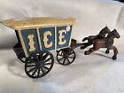 Cast Iron Toy ICE Wagon and Two Horses Blue and White VINTAGE 