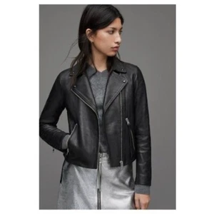 All Saints Women's Dalby Leather Biker Jacket Long Sleeve Black Size 0 - Picture 1 of 7