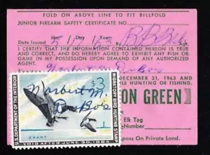 U S RW30 1963-64 $3 Duck Hunting Stamp on Washington Hunting License - Picture 1 of 1