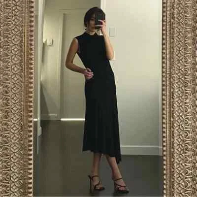 Genny Designer Vintage Silk Draped Cowl Neck Asymmetric Midi Dress Black IT 40 - Image 1 of 4