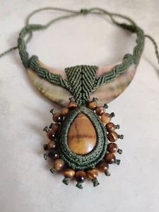 OOAK Artisan Necklace Mother Of Pearl Tiger Eye Macrame Handmade Statement - Picture 1 of 20