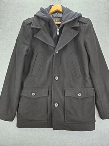 GUESS Coat Jacket Mens W/ Hood Black Military Casual Wool Blend Quilted Lining M - Picture 1 of 10