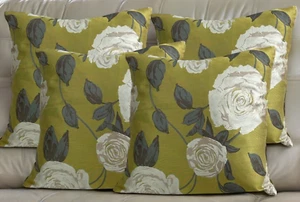 Cushion Covers Olive Green Set of 4 - Cream Flower 18X18" 45X45cm Decorative Zip - Picture 1 of 7