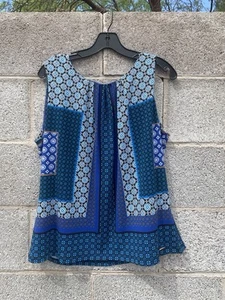 NWT CALVIN KLEIN Blouse Sleeveless Blue Tone Pleat Neck Women’s SIZE XL Workwear - Picture 1 of 11