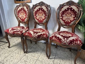 3 x Nussbaumstühlen Stühle Holz Vintage Barock Chippendale Schönes Stoff Antik - Bild 1 von 11