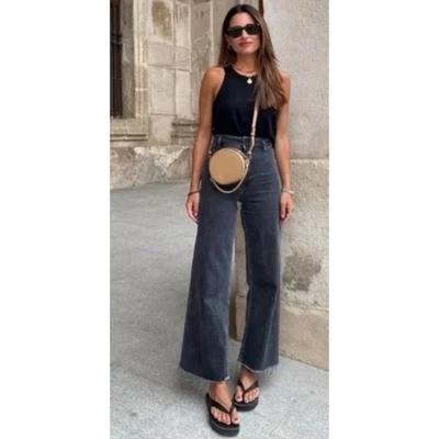 Pantalones de mezclilla Zara Marine rectos cintura alta gris parche bolsillos traseros dobladillo deshilachado 6 Foto 1 de 4