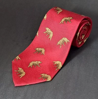 Abercrombie & Fitch 1892 Silk Neck Tie Brown Bears On Red Background Vintage - Image 1 of 4