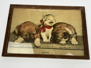 Vintage Morris Bendien SUSIE  Litho Puppies Kitten 1940s Framed - Picture 1 of 13