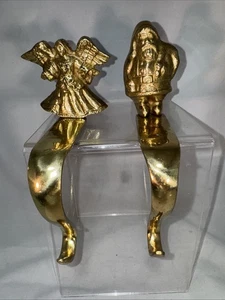 2 Brass Kurt Adler Christmas Stocking Holders Angel And Santa Claus - Picture 1 of 6