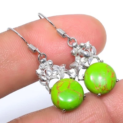 Green Copper Turquoise & CZ 925 Sterling Silver Earring 1.37" T279 - Image 1 of 4