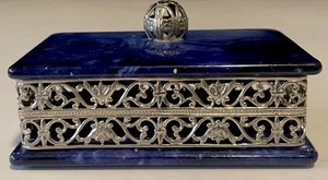 Vintage Alabaster Silber Seiten Schmuckschatulle Blau Rechteck Marmor Optik Schatulle Italy - Bild 1 von 24