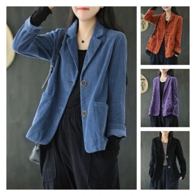 Mujeres Pana Traje Chaqueta Abrigo Suelto Blazer Solapa Botón Blusa Prendas para el torso Informal Foto 1 de 4