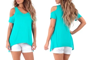 NEW R&C WOMEN'S V-NECK COLD SHOULDER TUNIC TOP GREEN TOPAZ SZ M USA MADE - Picture 1 of 2