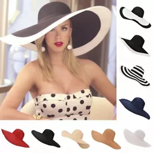 1pz Cappelli Pieghevole Sole Spiaggia 18cm Oversize Paglia Floppy Cappello Donna Moda Headwe - Foto 1 di 22