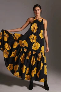 Anthropologie Sundry Floral Maxi Dress Tiered Black Yellow Sz M (Fits L/XL) NEW - Picture 1 of 10