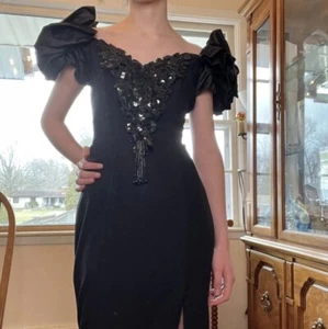 Vntg 80/90s Made USA Paper Tag Puff Sleeve Off The Shoulder Beaded Gown - Picture 1 of 12