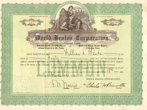 World Bestos Corporation 1925 certificado de stock de asbesto - Imagen 1 de 1