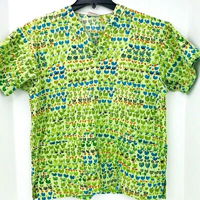 Peaches Size Small Green Orange And Blue Scrub Top Medical Nurse Veterinary - Image 1 of 4
