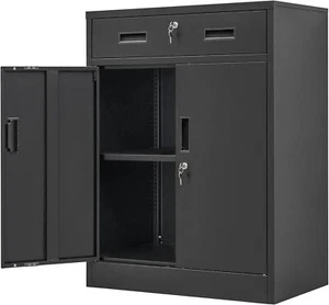 Metal Storage Cabinet, Locking Cabinet One Drawer and Adjustable Shelf, Black - Picture 1 of 6