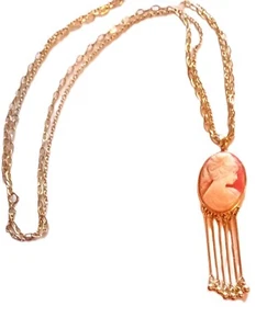 Cameo Pendant Necklace With Drop Rods 34" Hand Carved Vintage Free Shipping - Picture 1 of 11