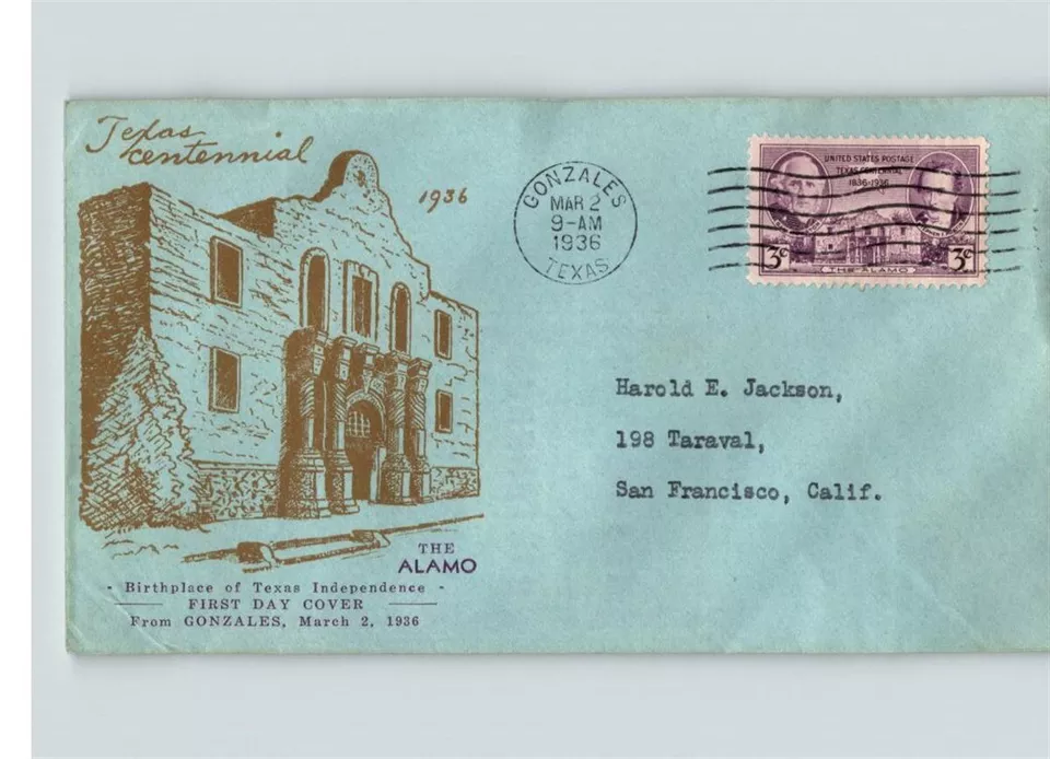 NICE! TEXAS Centennial, 1936 First Day of Issue, canc. Gonzales, TX, pic of The  - Image 1 of 1