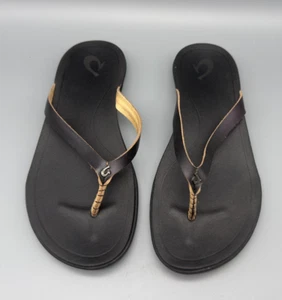 Olukai Hoopio Damen-Riemenslipper Sandalen Flip-Flops Größe 7 dünnes schwarzes Leder - Bild 1 von 7