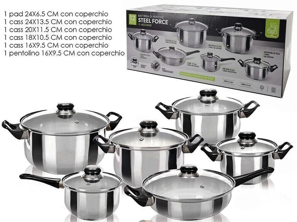 BATTERIA DI PENTOLE SET 12 PZ con Coperchio Pentole padelle acciaio cucina - Immagine 1 di 1