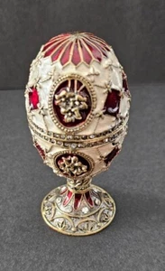 Bejeweled Enamel Egg Shaped Trinket Box Ruby Red Beige 4" - Picture 1 of 6