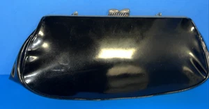 VTG 60s Black Patent Leather Clutch Purse Handbag Brass Chain & Clasp - Picture 1 of 4