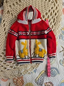 Vintage Childs Zip Up Sweater Hand Knitted Wool With Alpacas - Picture 1 of 6
