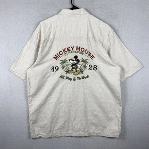 Disney Parks Mickey Mouse Hawaiian Shirt Men's M Tan Short Sleeve Embroidered - Picture 1 of 8